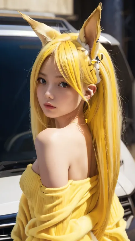 {{masterpiece}},{{highest quality}},enlightenment,1 perfect portrait of a girl, A fascinating eye for perfect detail), colorful hair, (Yellow soft hair:1.6),(Car ears:1.3),Long and slim body type, pop yellow backgrounds, {exposed bare shoulders},{long-term...