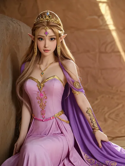 Sketch Princess Zelda from The Legend of Zelda with a long, flowing gown in shades of pink or purple, adorned with intricate designs. Include a golden tiara with a Hylian crest, and capture her serene and regal demeano