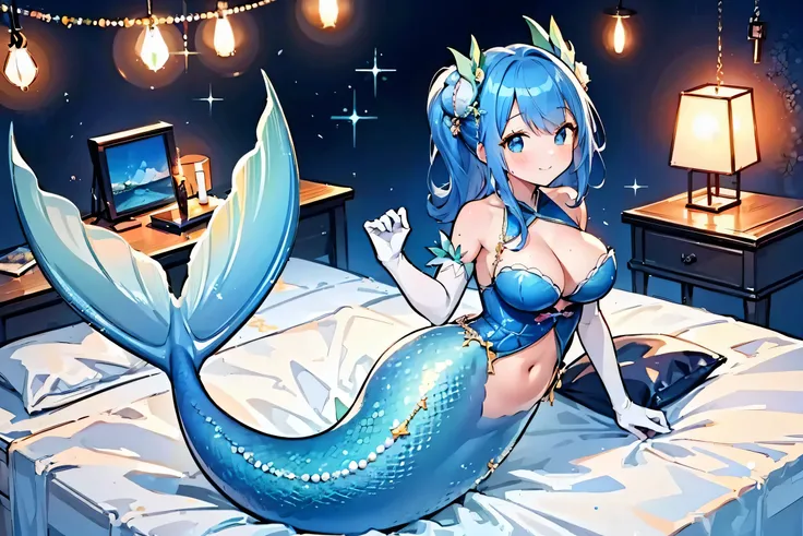 masterpiece, best quality,a female,big breasts,mermaid,blue mermaid tail,full-body shot,for the audience,get posed,charming face...