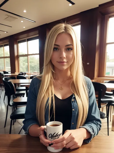 Emily Hart, 21 years old, blonde hair, long hair. Casual wear, in the cafe, non the proffesional natural lighting, realistic image, high quality