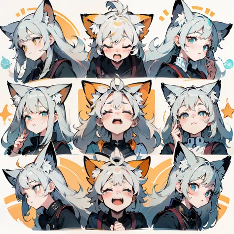 cute的white fox头像包,white fox，Yellowish hair ends，Star symbol emoji pack, The same fox,cute , Various poses and expressions, , 4K, masterpiece, best quality, Align 9 emoji packs，9 poses and expressions（laughing out loud，Can&#39;t hold it back，Laugh wildly，cr...