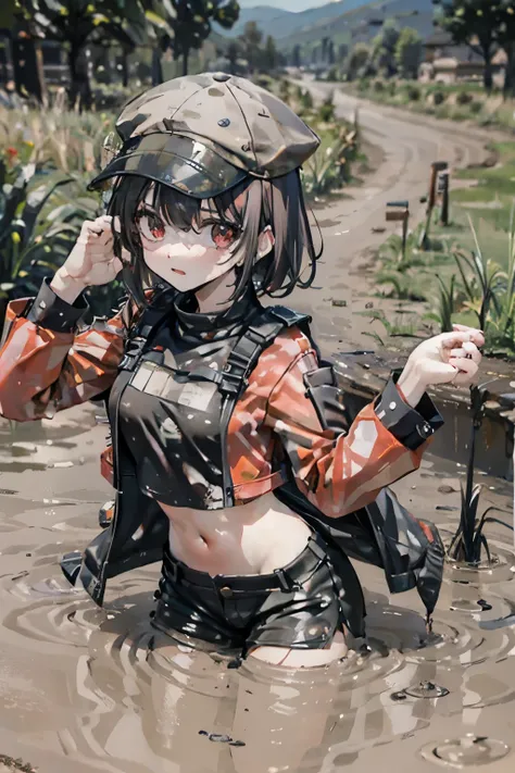 black hair, red highlights, Wolf Cut Hairstyle, Wearing a crop top, wearing a hat,  clear lines, Image resolution 1024px, Struggling in the muddy swamp, Legs stuck in the mud, Covered with mud, With an expression of despair