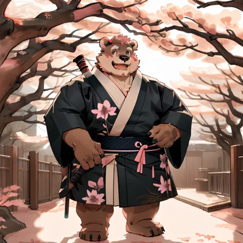 New Jersey 5 Hairy, Bear，Full body portrait of an individual, male,exquisite， chubby，thick arms，plush fur，front，stand，traditional kimono，Traditional Samurai Clothing，clogs，Carrying a katana，Under the cherry blossom tree，Cherry blossom viewing，happy