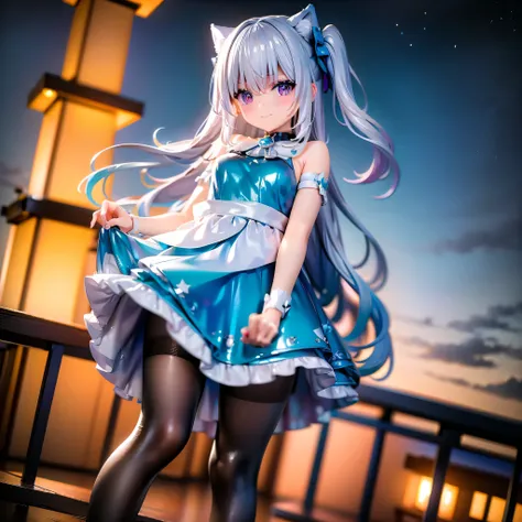 A girl hugging a stuffed animal at a space amusement park:.A space amusement park decorated with colorful lights and stars, An 11-year-old girl holds a large stuffed toy in her arms. She wears a dreamy blue dress decorated with star-shaped lace and ribbons...