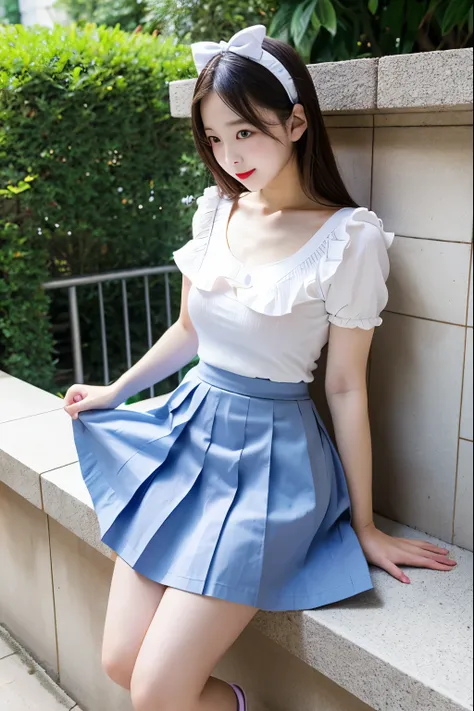 Baby face Skirt flip {nipple} Fluttering skirt, Lolita, mid-length skirt, knee-length skirt, girl, skirt pulled up to reveal thighs, Alice in Wonderland