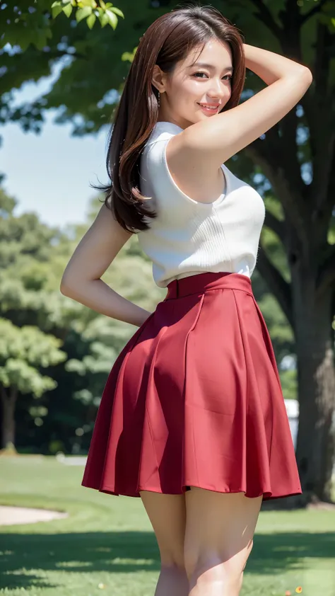 (highest quality、masterpiece、8K、best image quality、hyper realism、Award-winning work)、1 female、(alone:1.1)、(perfect white sleeveless knit:1.3)、(An elegant red tight skirt made of Melton fabric.:1.3)、(Strongly blurred beautiful park background:1.1)、The most ...