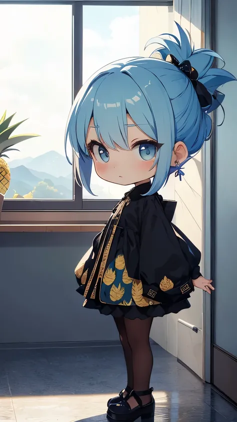 (disorganized、Longing for humanity、existence、unreasonable、high resolution、Super detailed、dynamic angle)、(Chibi、Slender、light blue hair、Short chignon hair:1.3)、Mourning Dress、pantyhose、earrings、Fancy bag、black costume。Black world line、white floor、I have a p...