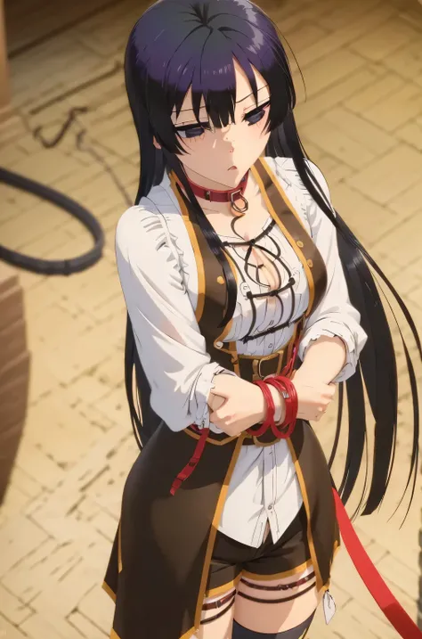 ((collar,leash,tied up,bondage,scared expression)),black hair,black eyes,shorts,top-tank