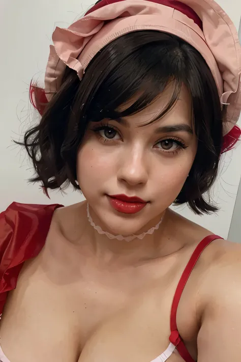 a white woman with short black hair, brown eyes, a beautiful face with slightly pink cheeks and a sweet look, with red lips, in a sexy clown outfit