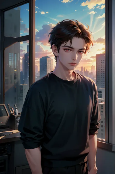 masterpiece, best quality, 1man, adult, male focus, solo, short hair, vibrant red eyes, looking at viewer, closed mouth, cool aesthetics, Highly detailed, casual style clothes, simple outfit office city background , beside the window blue sky, morning ligh...