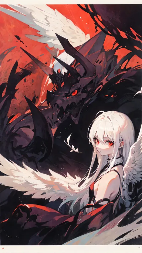 1girl angel, white hair, red eyes, redscale, monochrome