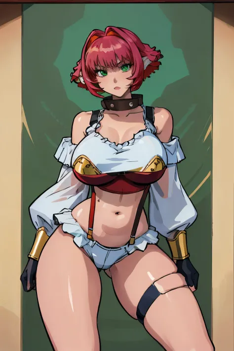 masterpiece, best quality, ultra-detailed, adult Cala 1girl, solo, bare shoulders, long sleeves, suspenders, midriff, navel, short shorts, thigh strap, huge breasts, gloves, bracelet, collar, full body, surprised, worried, red hair, spiky hair, full body, ...