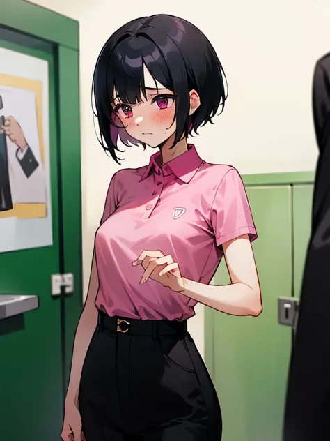 highest quality, High resolution, 1 girl, focus only, (big breasts:0.01), it is in it, topless, black pants, blush, embarrassing,Reluctant Short hair Black hair Examination room Magenta polo shirt Doctors around