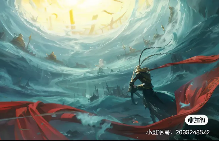 Wearing a red cape in the rough sea、Anime character holding sword, Queen of the Sea Mu Yanling, dramatic concept art, author：Yang Jie, amazing concept painting, movie fantasy painting, 2022 Concept Art, girl : The birth of the devil , Beautiful concept art...