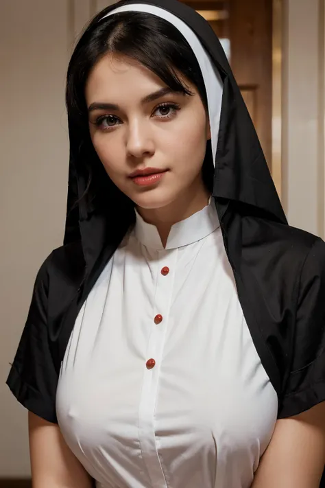 a white woman with short black hair, brown eyes, a beautiful face with slightly pink cheeks and a sweet look, with red lips, wearing a nuns outfit hot