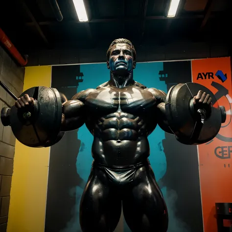 Statue of Arnold Schwarzenegger as a greed god in some gym pose getting spray painted by words promoting gym culture and glowing neon eyes