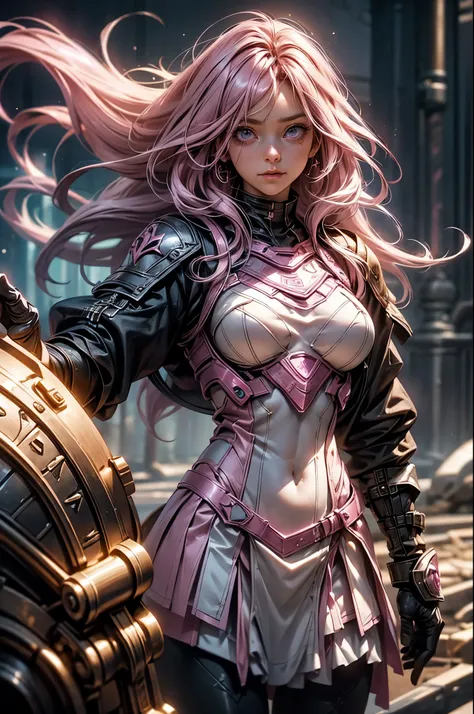 pink-haired scandinavian girl wearing half-plate armor and a frilly skirt over a skin-tight bodysuit, (pink long hair:1.4), pink...