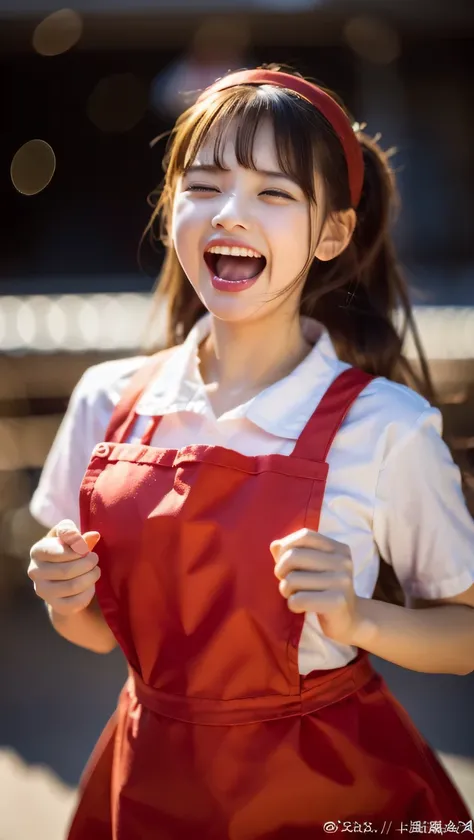 (8K, highest quality, masterpiece: 1.2), Super detailed, super resolution, a girl, red apron, (screaming:1.5), (open mouth:1.1), (wide open eyes:1.2), blurry background, light particles, strong wind,
