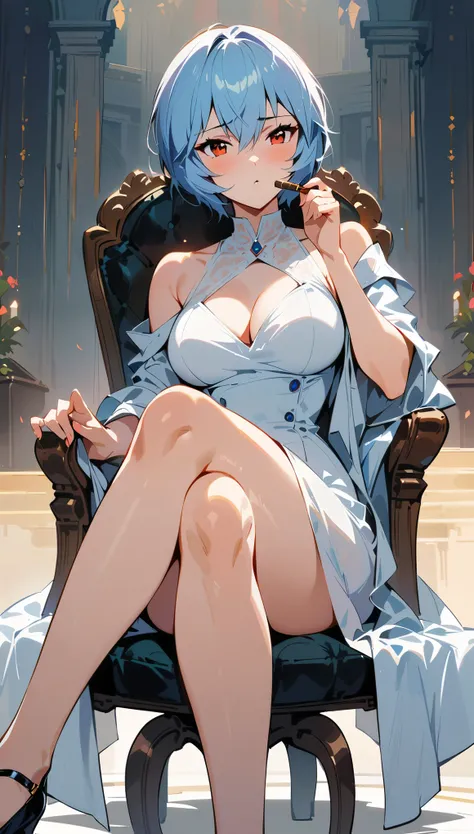 (Ayanami Rei), Ayanami Rei sat on a chair, picked up a cigar, (Arrogant and proud),and crossed her legs,(dress in white), very detailed expression, masterpiece, best quality, high quality, highres