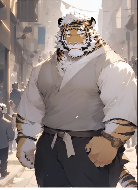 hairy，（tiger，Gray tunic，），beard，Golden fur，white short hair，male，golden pupils，Common，servant，Keep fingers away，full-body shot，on the street，Detailed background，极其lifelike阴影，masterpiece，Very detailed，lifelike