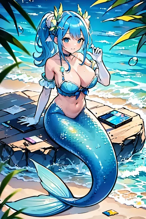 masterpiece, best quality,a female,big breasts,Mermaid,Blue Mermaid Tail,full-body shot,for the audience,Get posed,charming face(kawaii, charming,soft)