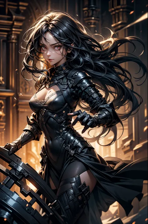 Dark-haired Scandinavian girl wearing half-plate armor and a frilly skirt over a skin-tight black bodysuit, (black long hair:1.4), red eyes,attractive breasts、HDR (high dynamic range), ray tracing, NVIDIA RTX, super resolution, Scattered beneath the surfac...