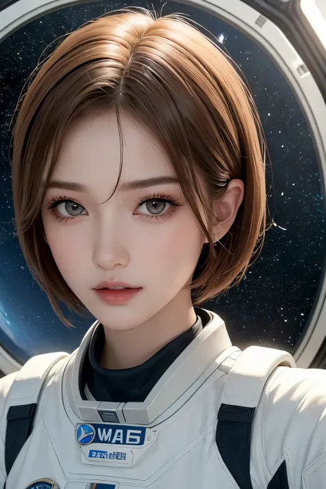 highest quality、masterpiece、ultra high resolution、(real:1.4)、Beautiful woman１、Beautiful details of eyes and skin、light brown short cut hair、latest space suit、space station、spaceship、Remains、cloudy sky、