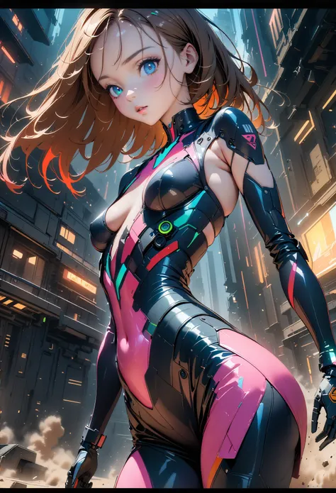 Color Portrait of a young girl, very sexy, modern style, comic book, cyberpunk, future, color fill, rich colors. Very graceful, standing half-turned, sporty posture, looking at the viewer. Tattoos on the body, fashionable short dresses, devices on the body...