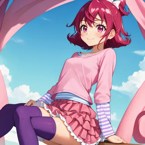 AidaMana, pink hair, short hair, half updo, hair ribbon, pink shirt, long sleeves, pink skirt, frilled skirt, purple thighhighs