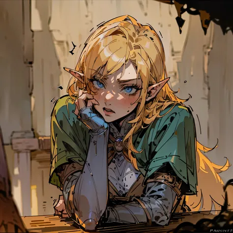 (POV: drinking together in tavern) , Blond haired tsundere elf, blue eyes, Hunter, confident, softened look, assertive, genre: dark fantasy, adventurer, [Close up, detailed, detailed face, detailed body] (Background: inside a dark Tavern, dark lighting, Da...