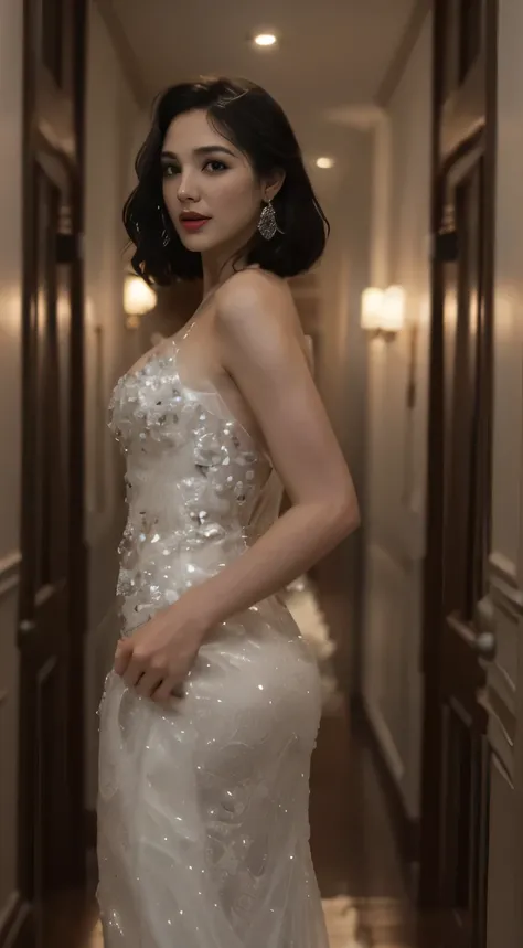 a woman in a dress standing in a hallway with a long hallway, wearing a sparkling dress, wearing an elegant dress, candid photo of gal gadot, side pose, wearing a dress made of beads, wearing an evening gown, intricate gown, wearing silver dress, jaw-dropp...