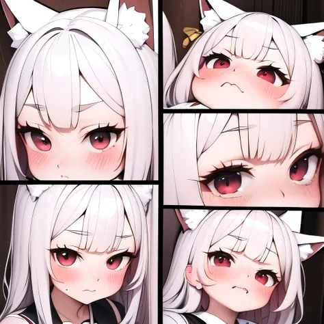 (masterpiece, best quality:1.2), emoticon packages,red eyes，white hair，fox ears，pitiful，blush，looking down,multiple views