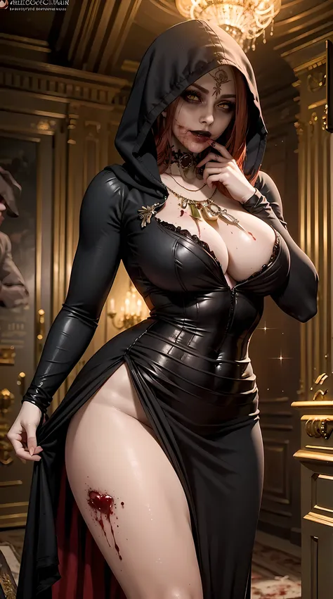 Beautiful red hair woman is shown to have a athletic figure, wearing a hood,  she is wearing a beautiful nsfw dress, jewelry, black lips, blood, dripping from mouth, yellow eyes, girl standing in a gala ballroom, sexy session, putting her hands on her wais...
