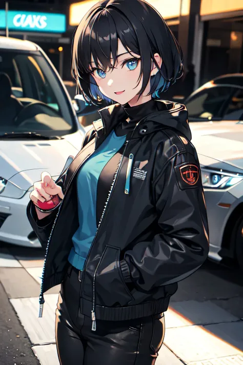 girl,car meet night,using jacket,short hair,black hair,light blue eyes,happy expression