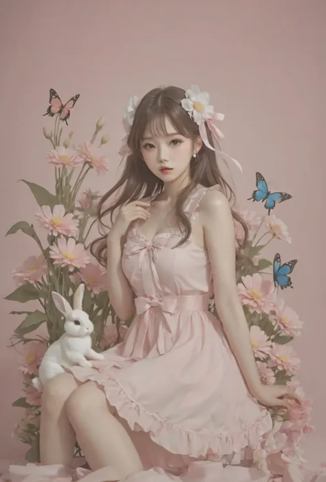 Arape girl sitting in a flower field wearing a pink dress, ultrarealistic sweet bunny girl, wearing a dress, Exciting and cute aesthetics, Guweizu, artwork in the style of Guweizu, Jaeyeon Nam, fairy core, Best Face, bunny girl, Pink pastels, lovely and c...