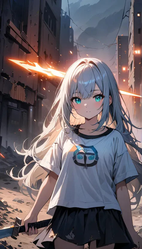 Resolution full, best quality, masterpiece, full HD, beautifull girl, foggy theme, super detailed, 1girl, cute girl, long hair, silver hair, detailed beautiful Aqua eyes, white T - shirt oversized, in wasteland, in burning city, holding glowing sword, shad...