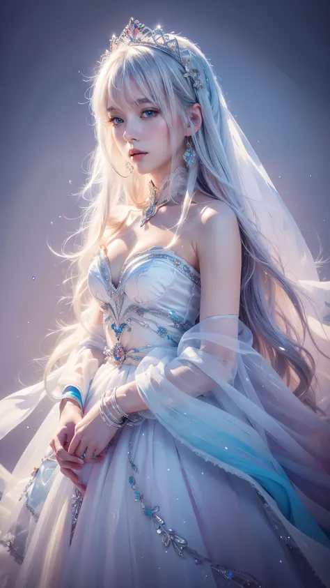 1 girl, solo, (watercolor texture), soft color, illustration anime, waved long hair, white armor, ice theme, tiara made of ice, white hair, ice palace, ic34rmor, simple black background, ice crystals, rainbow ice   