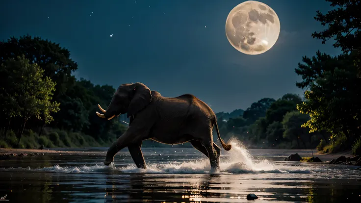 An elephant throwing water from his trunk in bright moon light UHD