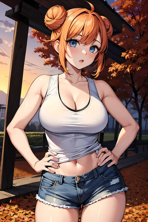 (masterpiece), best quality, expressive eyes, perfect face, 1girl, solo, tomboy, mature female, big breasts, short hair, Cleavage, orange hair BREAK hair buns, double buns, white tank top BREAK shorts, :o, looking at viewer, standing, blue eyes BREAK (autu...