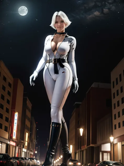 masterpiece, best quality, giantess, giant girl, doachristie, choker, white bodysuit, cleavage, belt, white gloves, black boots, (huge breasts:0.8) , looking at viewer, upper body, smile, frown, night sky, cityscape, walking