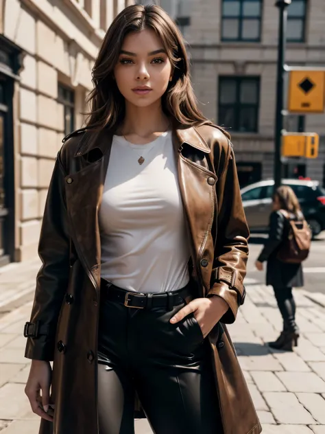 RAW photo, 8K photo of a beautiful woman, (breasts), (high detailed skin:1.2), 8k uhd, dslr, soft lighting, high quality, film grain, Fujifilm XT3, deconstructed vibrant brown trench coat with assymmetrical cuts and a patchwork of suede and leather materia...