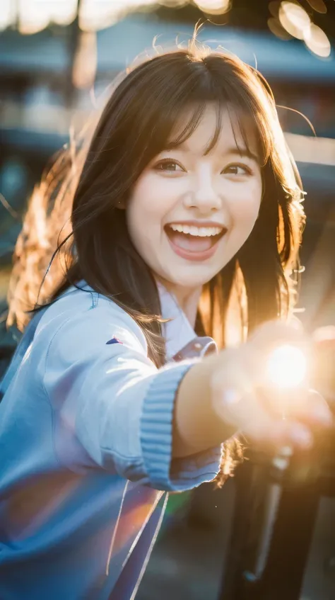 (8K, highest quality, masterpiece: 1.2), Super detailed, super resolution, a beautiful girl, pointing at viewer, (huge Laughing:1.1), (open mouth:1.1), (wide open eyes:1.2), sun glare, blurry background, 