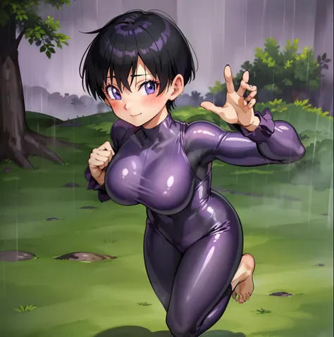 forest,rain,fog,soil,puddle,((Purple tight suit:1.4)),barefoot,bare hands,boyish,short hair,black hair,big breasts,blush,blue eyes,smile,shy,1 girl,walk