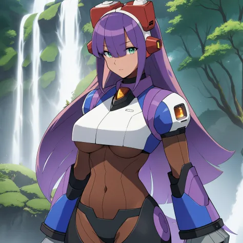 layer_megamanx, 1girl, solo, long hair, purple hair, green eyes, blunt bangs, hair over eyes, large breasts, dark skin, dark-skinned female, android, underboob, robot ears, high quality, masterpiece, in a dark forest looking out at a waterfall, in the styl...