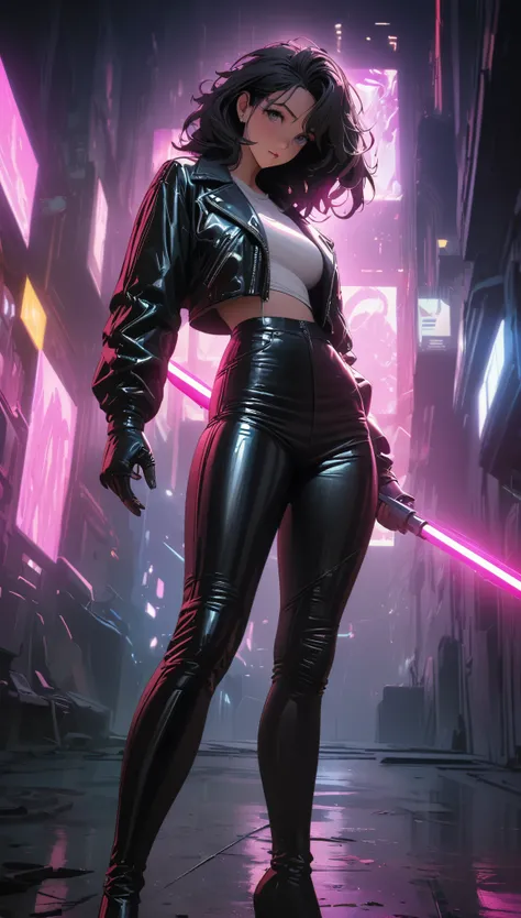 
cyberpunk style，30-year-old mature and charming woman，Tight leather jacket and leather pants cover the whole body，High-heeled leather boots，Fight with a laser sword，Beautiful，Glowing special effects，celluloid style，Flat coating，HD，CG art，comics，8K，looking...