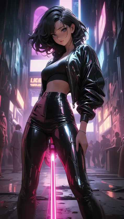 
cyberpunk style，30-year-old mature and charming woman，Tight leather jacket and leather pants cover the whole body，High-heeled leather boots，Fight with a laser sword，Beautiful，Glowing special effects，celluloid style，Flat coating，HD，CG art，comics，8K，looking...