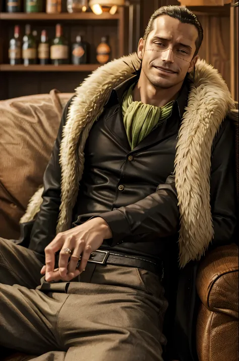 masterpiece, best quality, extremely detailed, hyperrealistic, photorealistic, a cool 40s man, ultra detailed face:1.2, fur-trimmed coat, scarf around the neck, his left hand is a golden pirate hook:1.1, at bar:1.2, sitting, a red wine grass, sly smile