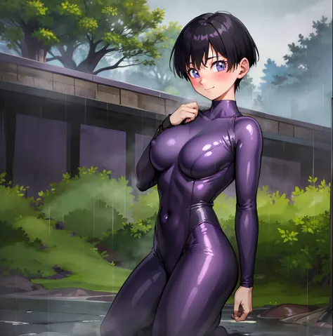 forest,rain,fog,soil,puddle,((Purple tight suit:1.4)),barefoot,bare hands,boyish,short hair,black hair,big breasts,blush,blue eyes,smile,shy,1 girl,back,butt,Are standing,