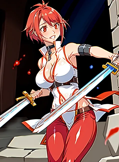 vesta_harem, (large breasts:0.8), red eyes, (slashing:1.2), (holding_sword:1.5), (white_dress:1.2), red_trim, navel, sleeveless, cleavage, oversized_belt, (red_pants), white_loincloth, (greatsword:0.7), (dungeon:1.4), hallway, stone