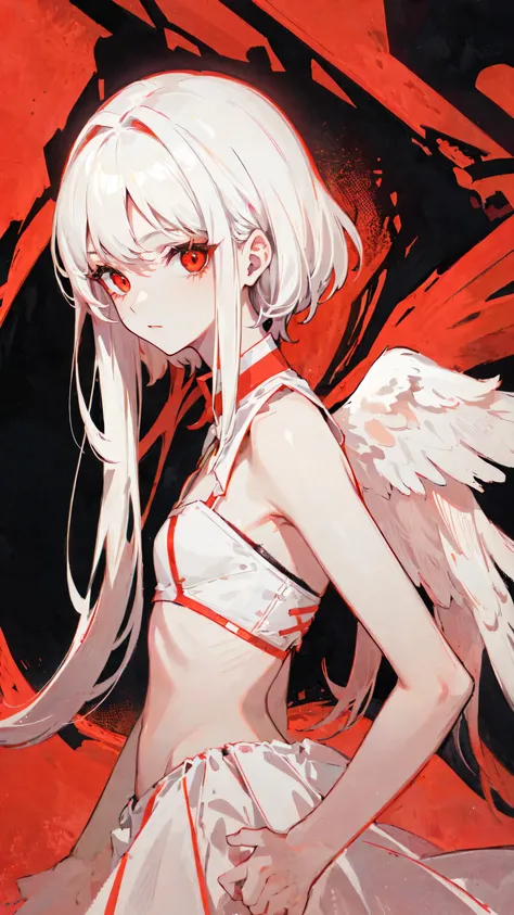 1girl angel, white hair, red eyes, redscale, monochrome